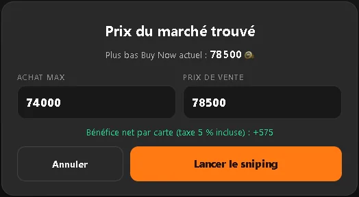 Fenêtre du prix trouvé avec achat max et prix de vente