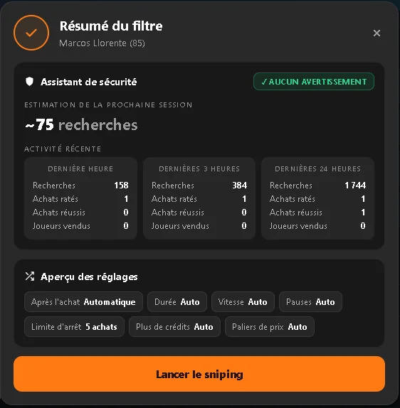 Résumé avant le lancement avec l'assistant de sécurité
